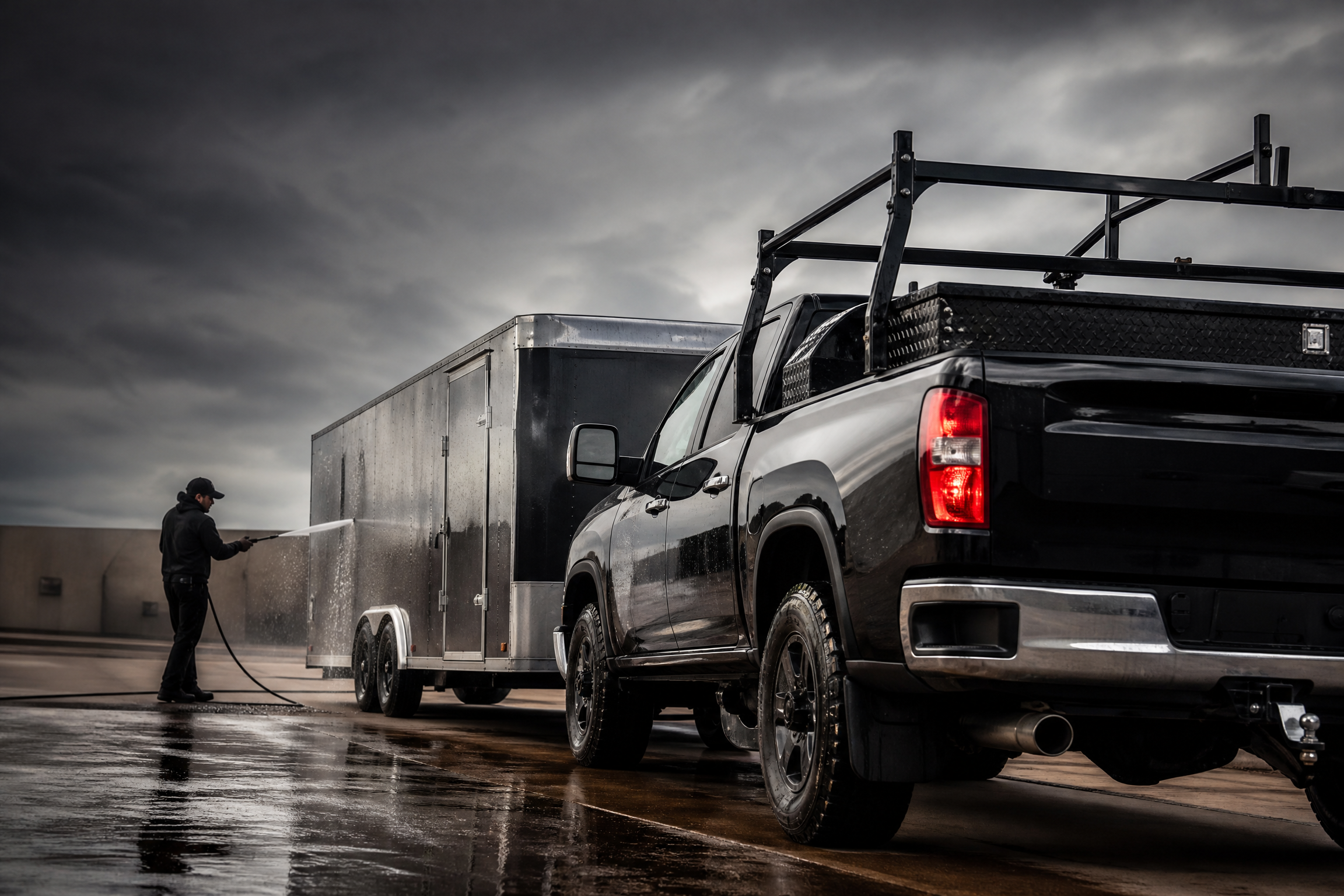 Work truck and trailer at a service yard