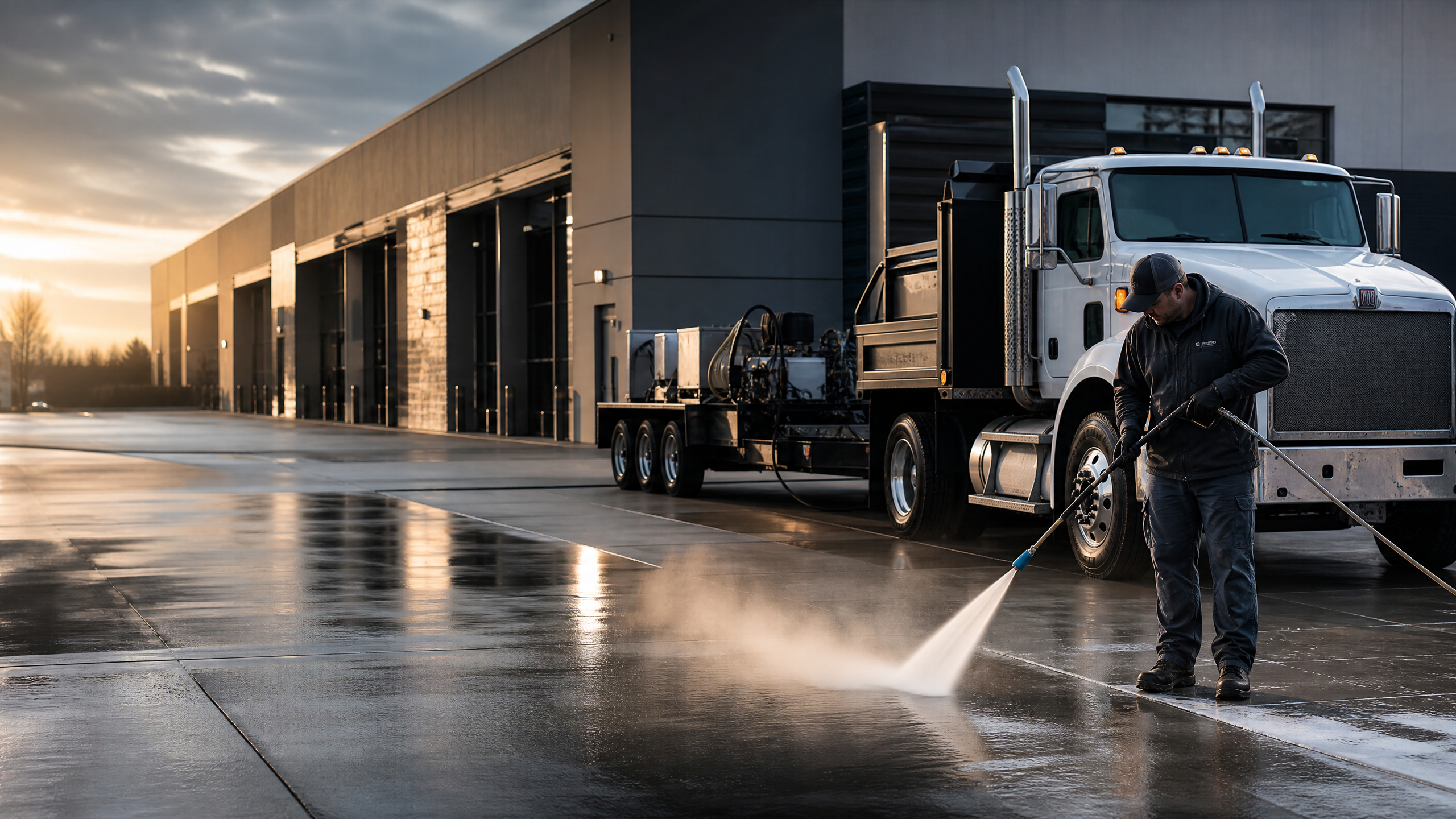 Technician pressure washing beside a heavy-duty work truck