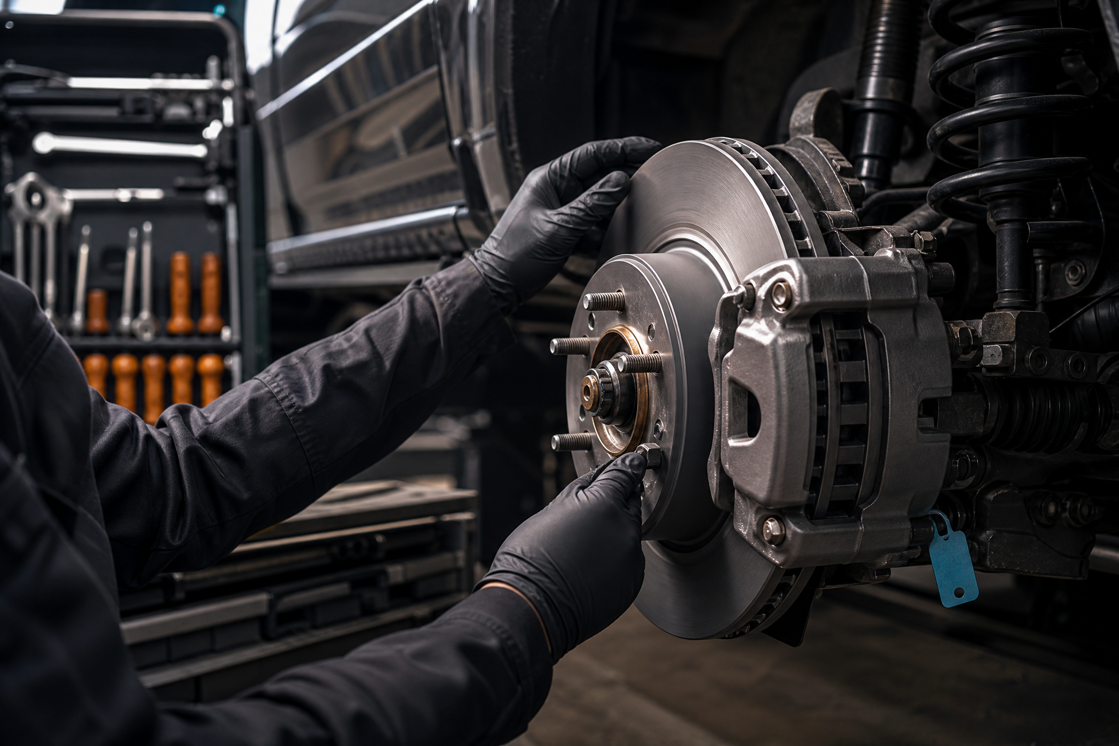Mechanic working on a truck brake rotor